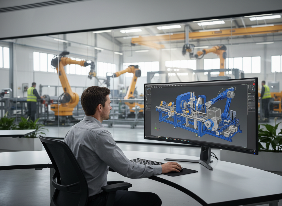 Ingeniero diseñando una máquina industrial a medida mediante software CAD